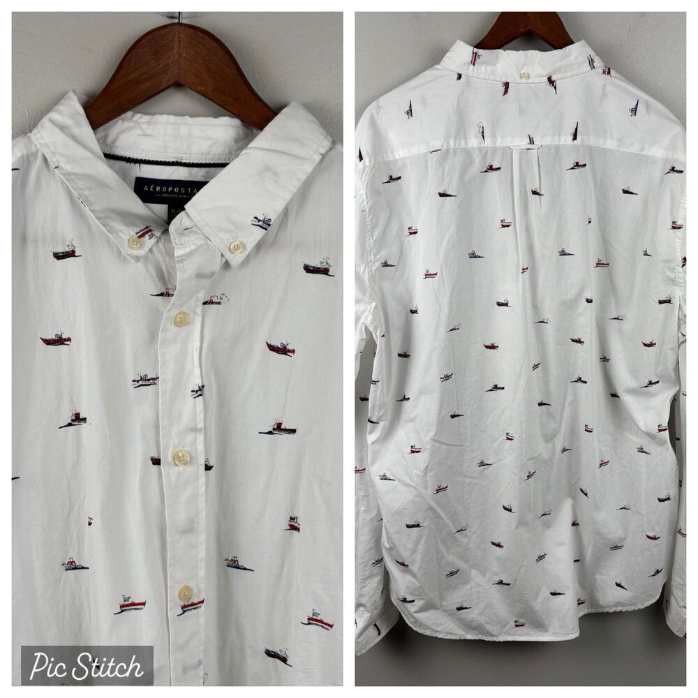 Aeropostale Mens XL White Boats Long Sleeve Button Up Pocket Cotton